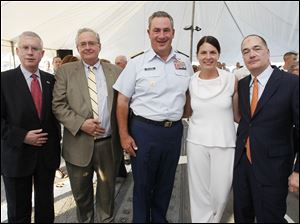 Navy-Week-De-Wert-Roy-Norton-Joseph-Zerby-Michael-Parks-Susan-Block-Allan-Block.jpg Roy Norton, consul general of Canada, who is based in Detroit, from left, Joseph H. Zerbey IV, president and general manager of The Blade, Rear Admiral Michael Parks, commander of the Ninth Coast Guard District, Susan Block, and husband Allan Block, chairman of Block Communications Inc., pose during a reception aboard the U.S. Navy frigate USS De Wert in Toledo.