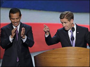 Democratic-Convention-Beau-Biden-Antonio-Villaraigosa.jpg Beau Biden, right, Attorney General of Delaware and son of Vice President Joe Biden, points towards the delegates before his nominates his father during the Democratic National Convention. Los Angeles Mayor and Democratic Convention Chairman Antonio Villaraigosa claps in the background.